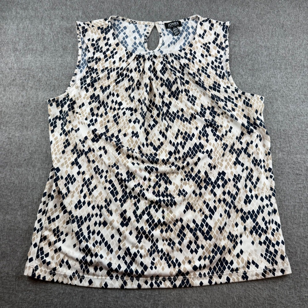 Jones New York Tank Top Womens Large Blue Geometric Pleated Keyhole Shell